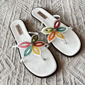 Brighton White Leather Sandals with Multicolor Floral Design
